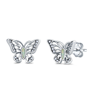 Butterfly Stud Earrings Lab Created White Opal 925 Sterling Silver (10mm)